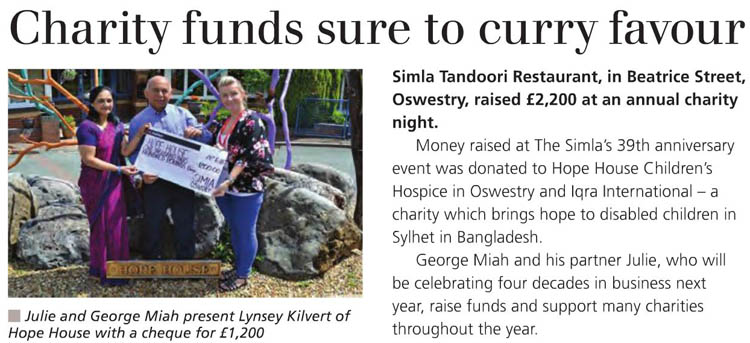 Simla Restaurant Oswestry Annual Charity Night - 39th Anniversary Event